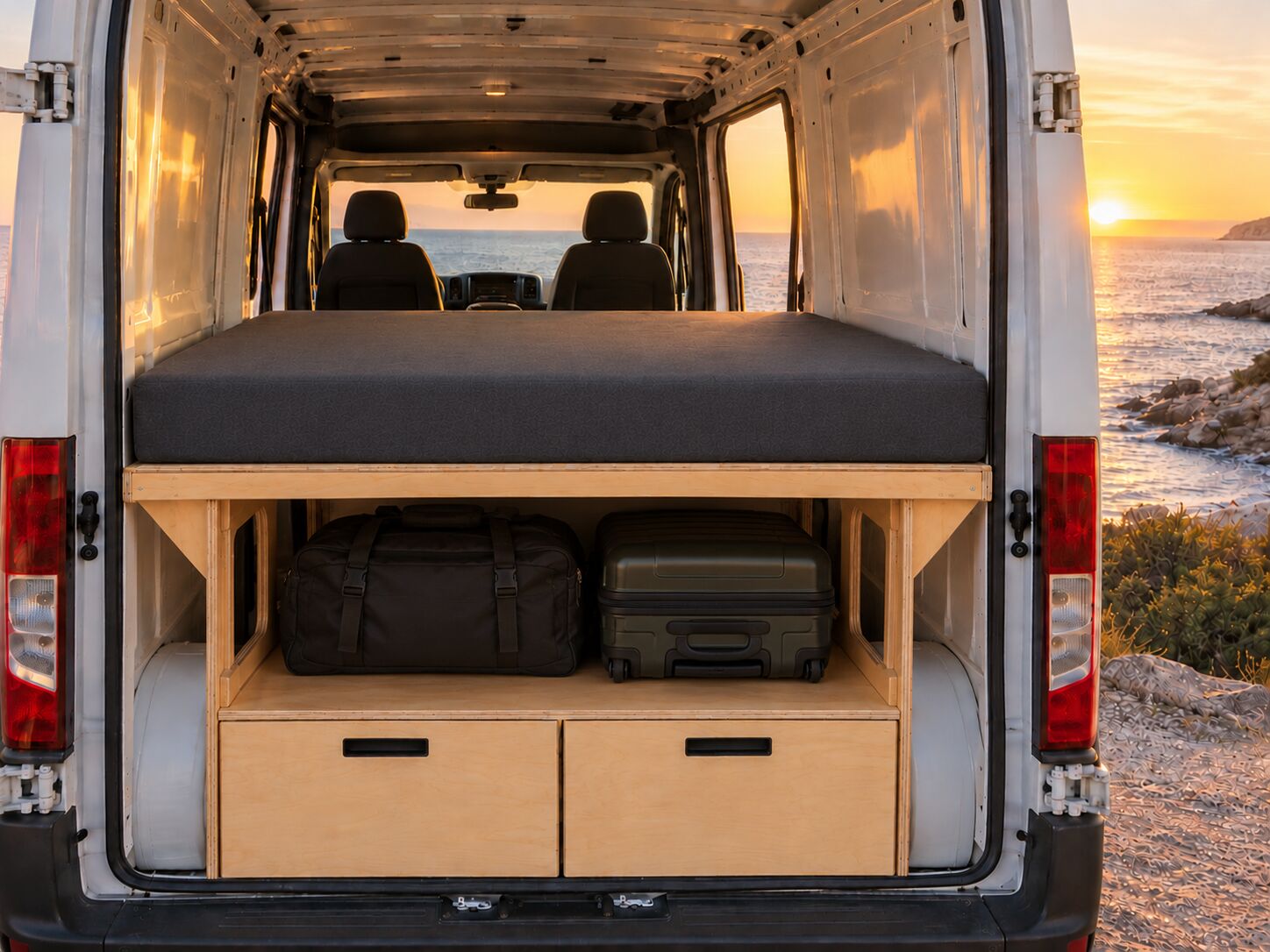 Kit camper Nivel 1 de madera visto desde las puertas traseras: cama elevada con colchón, garaje con equipaje y dos cajones